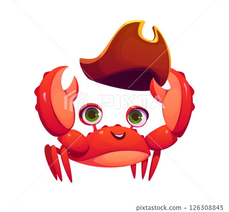 Cartoon crab animal pirate and corsair character holding tricorn captain hat in its claw, smiling cheerfully, ready for sea adventure. Isolated vector funny and fearsome arthropod filibuster personage 126308845