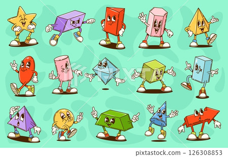 Groovy math geometric figure characters. Cute psychedelic shapes vector personages of cartoon groovy cube, cylinder, pyramid and sphere, arrow, star and heart. Funny geometry and maths characters 126308853