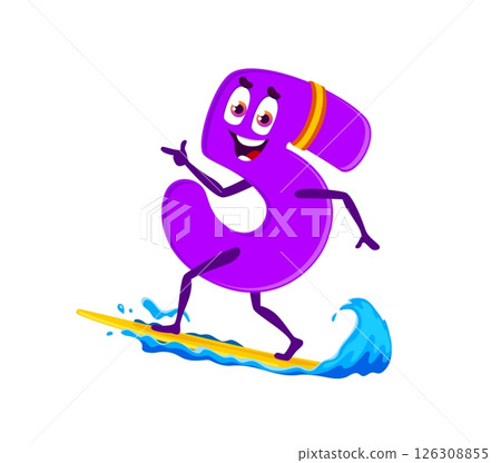 Cartoon math number five character surfing a board on summer vacation. Vector purple 5 digit numeric personage with cheerful face engaged in extreme water activity. Playful numeracy kids learning Cartoon math number five character surfing a board on summer vacation. Vector purple 5 digit numeric personage with cheerful face engaged in extreme water activity. Playful numeracy kids learning 126308855