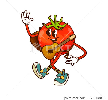 Cartoon groovy tomato cowboy and bandit vegetable character with guitar and cape. Isolated vector funny veg western personage happily waving ready to sing country song. Farm wild west veggie artist 126308860