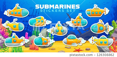 Cartoon underwater submarines stickers pack. Vector fun and adventurous ocean exploration yellow submarine patches floating underwater, surrounded by corals, seaweed, rocks, and shipwreck remains 126308862
