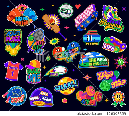 Fitness sport patch y2k groovy stickers, funky retro labels with vector football, tennis and soccer game balls, skateboard, dumbbells, roller skate. Funky y2k sport game stickers and labels 126308869