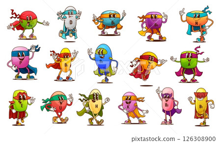 Cartoon groovy vitamin characters in superhero costumes representing health and vitality. Vector B12, D, b6, and N, P and C, E, U and H and K, B2 or B1 micronutrient capsules promote wellness 126308900