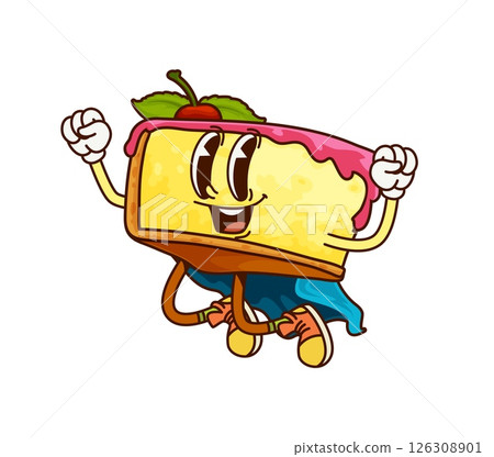 Cartoon groovy cheesecake superhero or fast food cake character vector personage. Funny groovy cheesecake superhero with happy face in mantle or power cape for kids cartoon character 126308901