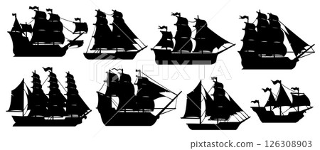 Pirate sail ships silhouettes of corsair sailboats and frigate boats, vector set. Pirate ship silhouettes of marine vessels, corsair warship with black sails and flags, battleship boats and barques Pirate sail ships silhouettes of corsair sailboats and frigate boats, vector set. Pirate ship silhouettes of marine vessels, corsair warship with black sails and flags, battleship boats and barques 126308903