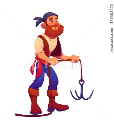 Cartoon pirate corsair character, boatswain personage with red beard holding a grappling hook. Vector sea rover sailor personage wears traditional costume. Funny comic corsair ready for boarding ships 126308906