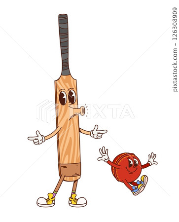 Cricket sport game groovy funny character. Game championship cheerful cartoon vector mascot, cricket bat and ball funny 60s 70s characters. Sport club match happy hippie vintage character or personage Cricket sport game groovy funny character. Game championship cheerful cartoon vector mascot, cricket bat and ball funny 60s 70s characters. Sport club match happy hippie vintage character or personage 126308909
