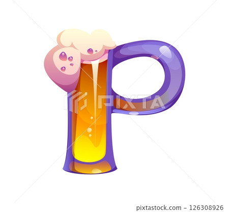 Summer vacation leisure cartoon font beer tankard letter P. Summer kids ABC font symbol, tourist leisure vector typeset sign. Resort travel English alphabet type letter or vacation typeface element 126308926