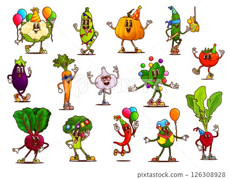 Cartoon groovy vegetable characters on holiday party. Happy retro vegan food personages of psychedelic tomato, carrot, pepper and broccoli. Groovy avocado, garlic and spinach with balloons and hats 126308928
