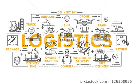 Cargo carriage service and logistics icons of shipping, delivery and storage, vector line symbols. Worldwide delivery logistics icons of parcel package box shipment by drone courier or airplane cargo 126308936