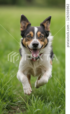 happy, energetic dog with tricolor coat is running joyfully through grassy field, ears perked up and tongue out, exuding excitement and playfulness on sunny day. 126308962