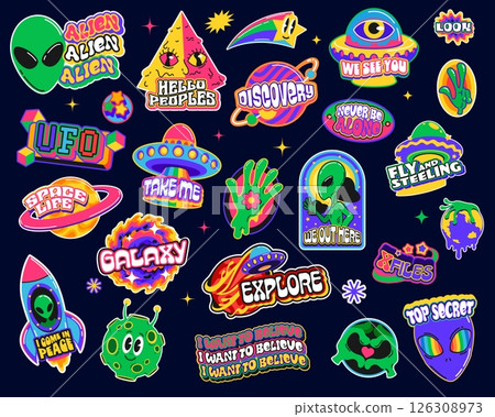 Alien and UFO y2k galaxy groovy stickers, outer space funky patch labels. Retro funky star and martian emojis with vector y2k groovy space galaxy planets, UFO rocket and spaceship stickers set Alien and UFO y2k galaxy groovy stickers, outer space funky patch labels. Retro funky star and martian emojis with vector y2k groovy space galaxy planets, UFO rocket and spaceship stickers set 126308973