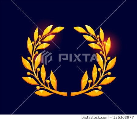 Golden laurel wreath cartoon badge or frame, vector game UI asset. Gold branches and leaves isolated wreath for winner award, honor prize or trophy. Game complete golden laurel branch and seeds badge 126308977