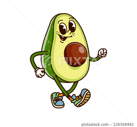Walking avocado half with seed groovy cheerful character. Vegan food cute 60s 70s isolated vector character, fresh tropical fruit happy hippie cartoon personage. Natural avocado cheerful mascot 126308992