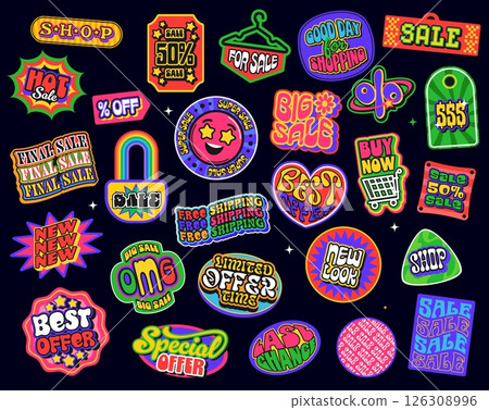 Shopping sale y2k groovy retro stickers, black friday discount and best offer funky patch labels, vector retail set. Trendy 90s y2k shopping cart, bag and tag badges, geometric shapes sale stickers 126308996