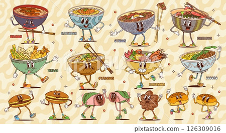 Cartoon retro groovy asian cuisine characters of rice bowls and dessert food. Psychedelic hippie vector personages of sweet buns and pancakes with red bean pasta, meat, fish and seafood rice dishes 126309016