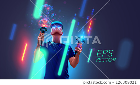 Concept of virtual reality technology. Man with virtual reality VR headset or goggle , controllers in hand for VR glasses in virtual simulation of metaverse. 126309021