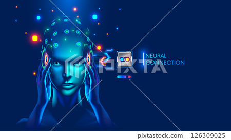 Patient with chip implanted in brain sends brain signals to electronic chip. Chip is connected to the neurons of the human brain and receives signals from it. Head of woman connected to brain chip. Patient with chip implanted in brain sends brain signals to electronic chip. Chip is connected to the neurons of the human brain and receives signals from it. Head of woman connected to brain chip. 126309025
