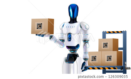 A humanoid robot with artificial intelligence or AI. An anthropomorphic robot or cyborg is sorting boxes in a warehouse. A humanoid AI robot with a box in his hands works in a logistics center. 126309035