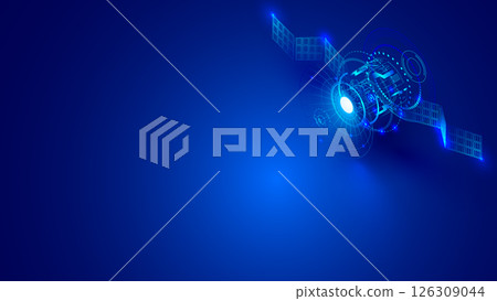 Satellite communications. Satellite on blue background. Communication satellite with opened solar panels transmits a digital signal from a satellite dish. Telecommunication technologies and Internet. 126309044