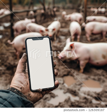 Phone in hand mockup, dirty pigs piglets in mud, infectious diseases 126309187