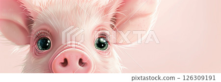 Veterinary agricultural banner copy space, piglet on pink background, big eyes 126309191