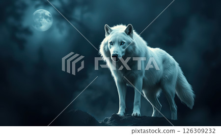 majestic white wolf stands on rocky outcrop under glowing full moon, surrounded by misty, dark forest. scene exudes mystery and wilderness, with wolf piercing gaze adding intensity. 126309232