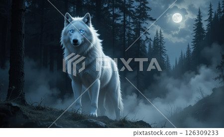 majestic white wolf with glowing blue eyes stands in misty forest under full moon, creating mystical and eerie atmosphere. dark trees and fog enhance mysterious scene. 126309233