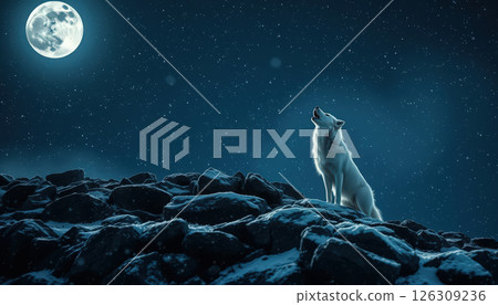 lone white wolf howling at full moon under starry night sky, standing on rocky, snow dusted terrain. serene and mystical atmosphere evokes sense of wilderness and solitude. 126309236