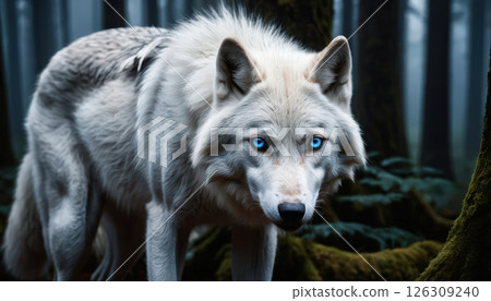 majestic white wolf with piercing blue eyes stands in misty forest, surrounded by moss covered trees and ferns, exuding mysterious and powerful presence. 126309240