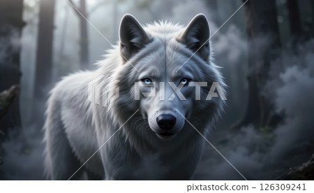 majestic white wolf with piercing blue eyes stands in misty forest, surrounded by dense fog and tall trees, creating mysterious and captivating atmosphere. 126309241