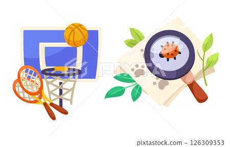 Exciting Icons Representing Basketball and Nature Exploration Activities and Adventures Exciting Icons Representing Basketball and Nature Exploration Activities and Adventures 126309353