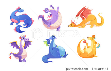 Vivid and Colorful Cartoon Dragons Displayed in Fun Poses with Various Creative Styles 126309381