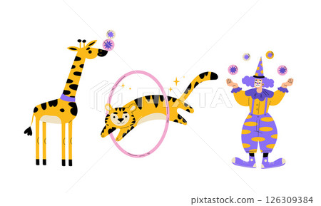 A cheerful depiction of circus animals and performers showcasing their exciting skills in color 126309384