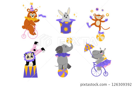 A Vibrant and Colorful Array of Circus Animals Performing Joyfully in Festive Attire 126309392