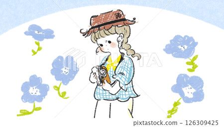 戴著帽子和粉蝶花的女孩的插圖 126309425