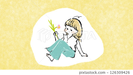 Illustration of a depressed woman holding flowers Illustration of a depressed woman holding flowers 126309426