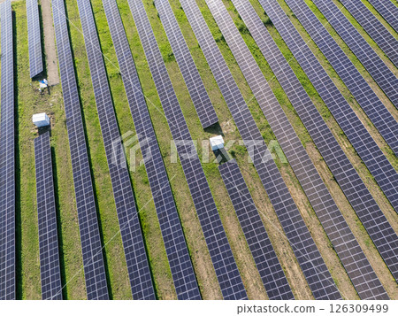 Aerial view of solar power station with energy storages Aerial view of solar power station with energy storages 126309499