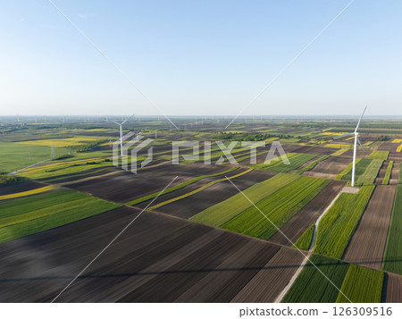 Aerial view of wind turbines on an agricultural field. Sustainable energy 126309516