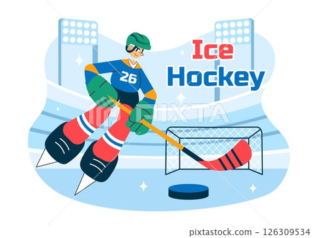 Ice Hockey Player Sport Vector Illustration featuring a Helmet, Stick, Puck, and Skates on an Ice Surface for Game or Championship in a Background 126309534