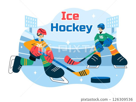 Ice Hockey Player Sport Vector Illustration featuring a Helmet, Stick, Puck, and Skates on an Ice Surface for Game or Championship in a Background Ice Hockey Player Sport Vector Illustration featuring a Helmet, Stick, Puck, and Skates on an Ice Surface for Game or Championship in a Background 126309536