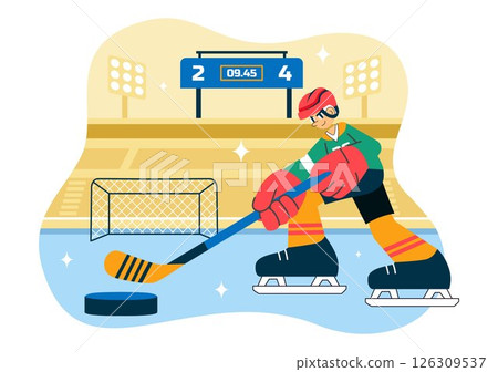 Ice Hockey Player Sport Vector Illustration featuring a Helmet, Stick, Puck, and Skates on an Ice Surface for Game or Championship in a Background 126309537