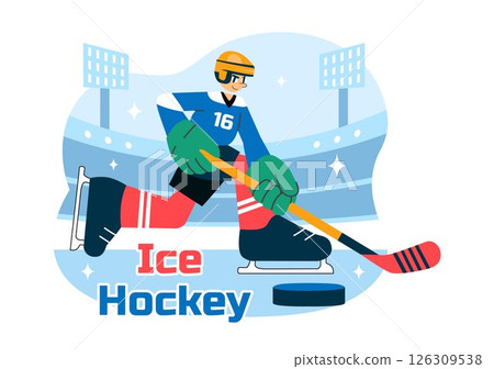 Ice Hockey Player Sport Vector Illustration featuring a Helmet, Stick, Puck, and Skates on an Ice Surface for Game or Championship in a Background Ice Hockey Player Sport Vector Illustration featuring a Helmet, Stick, Puck, and Skates on an Ice Surface for Game or Championship in a Background 126309538
