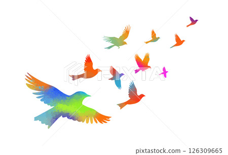 Flying colored birds silhouettes on white background. Vector illustration. isolated bird flying. tattoo design. Flying colored birds silhouettes on white background. Vector illustration. isolated bird flying. tattoo design. 126309665