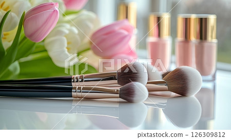 Smooth, colorful pebbles lining a lakes shore, reflecting the warm hues of a vibrant sunset sky 126309812