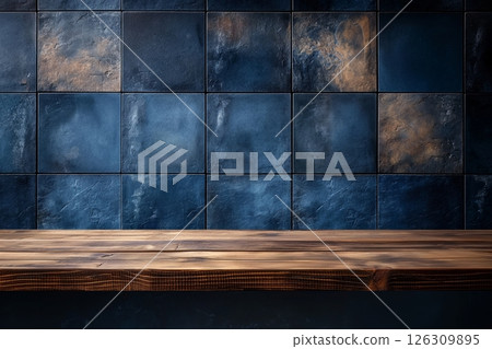 Bold blue and bronze textured tiles with a rustic finish, paired with a wooden table in a warm tone 126309895