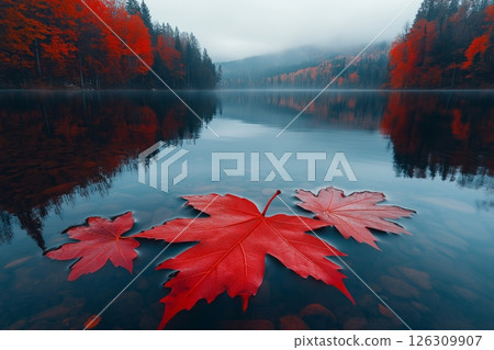 Red autumn leaves floating on a calm lake with misty reflections of trees and mountains 126309907