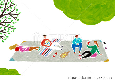 Hand-drawn illustration: People relaxing on picnic sheets Hand-drawn illustration: People relaxing on picnic sheets 126309945