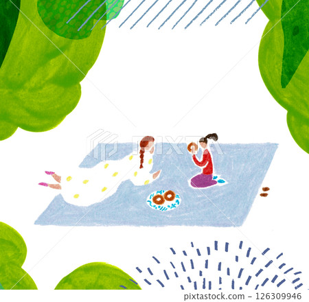 手繪插圖:父母與孩子在野餐布上休息 手繪插圖:父母與孩子在野餐布上休息 126309946