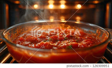 A steaming glass dish filled with bubbling tomato sauce, glowing under the light of the oven A steaming glass dish filled with bubbling tomato sauce, glowing under the light of the oven 126309951